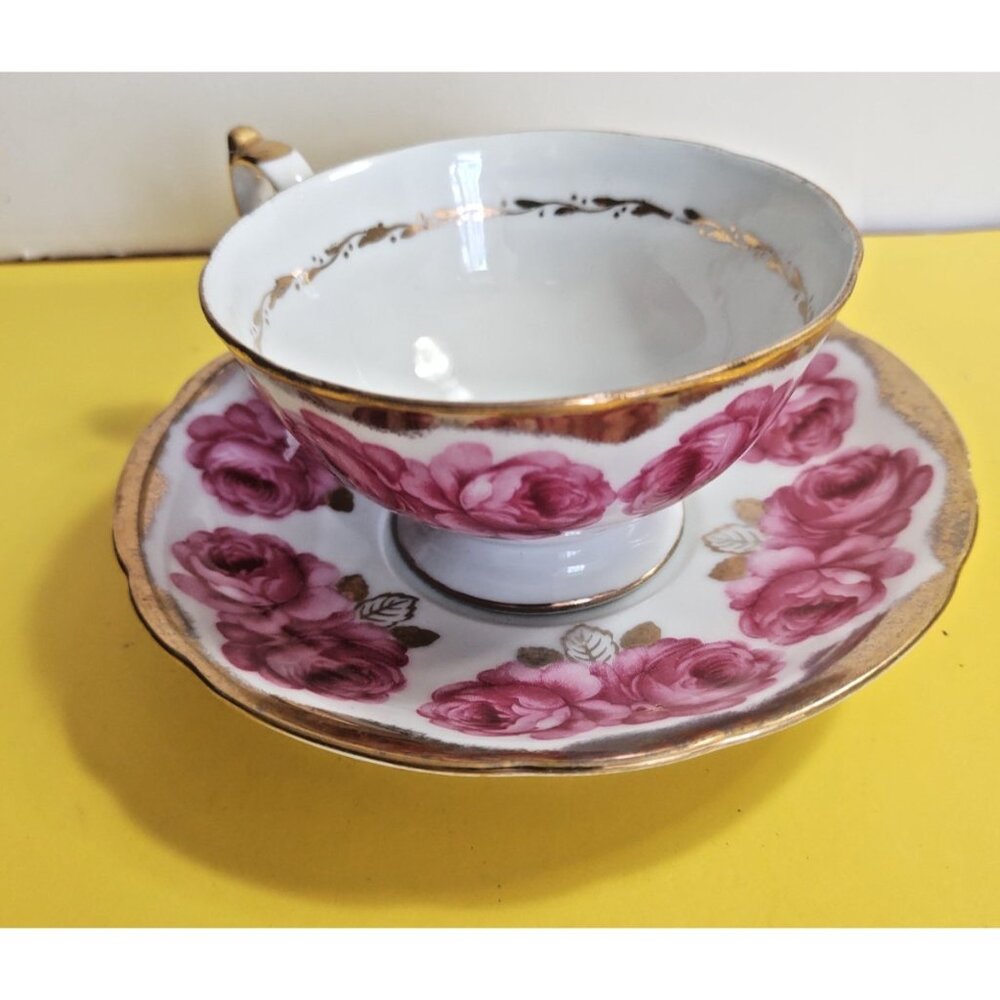 Vintage,Stafford Japan, Hand Painted Wide Mouth Tea Cup Set Cabbage Rose